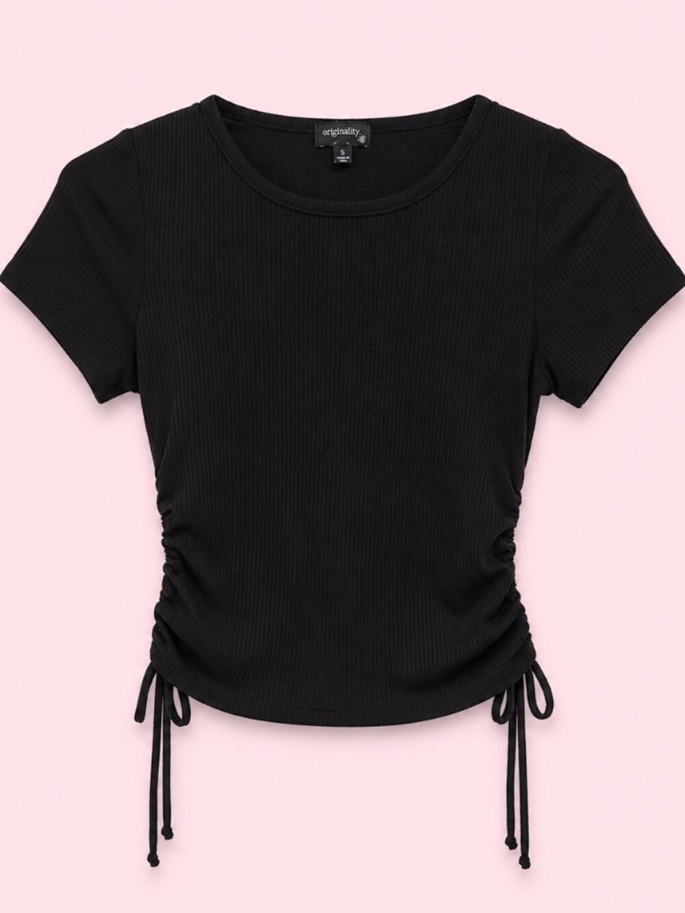 Originality Black Ribbed Ruched Side Drawstring Top | Size Small - Picture 2 of 6
